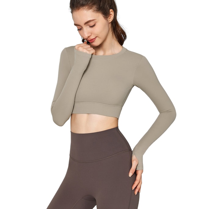 [중국 직송] HSPM 가을/겨울 여성용 긴팔 요가복 (반고정 컵 포함, 러닝 및 피트니스용) - 카키 XL