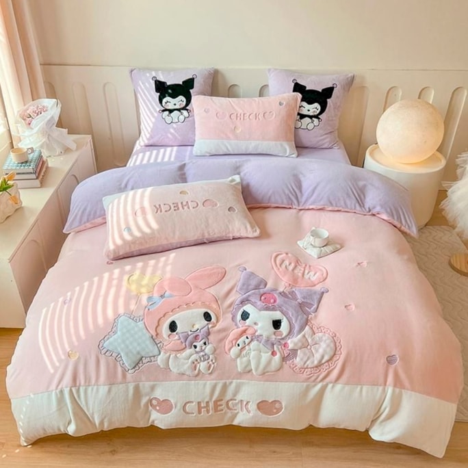 Sanrio My Melody Kuromi Cute Cartoon High-Quality Velvet Three-Piece Bedding Set