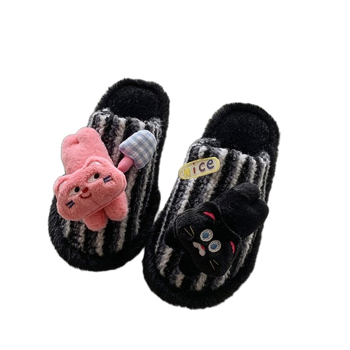 New Cartoon Knotted Fur Slippers for Women Outdoor and Indoor Wear Flat Warm Fleece Cotton Slippers One Pair Black