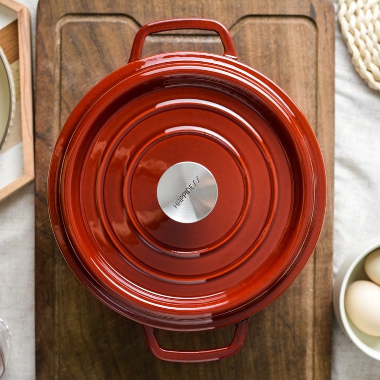 【中国直邮】小幸福 铸铁珐琅锅 20cm 炖锅搪瓷焖烧煮锅 无涂层不粘锅 电磁炉燃气灶通用 酒红色 3
