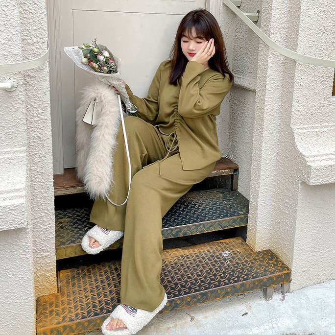 Fat mm spring and autumn new slim V-neck drawstring top straight wide leg pants knitted suit