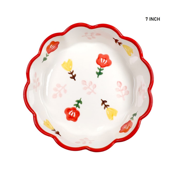 GINKGOHOME 手繪花朵陶瓷盤波浪邊 精美陶瓷餐具 7吋 紅色