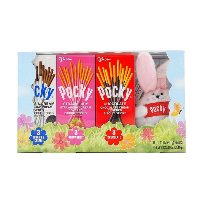 GLICO格力高 POCKY百奇 巧克力草莓奶油塗層餅乾棒禮盒 9盒入 360g【贈送毛絨兔子鑰匙扣】