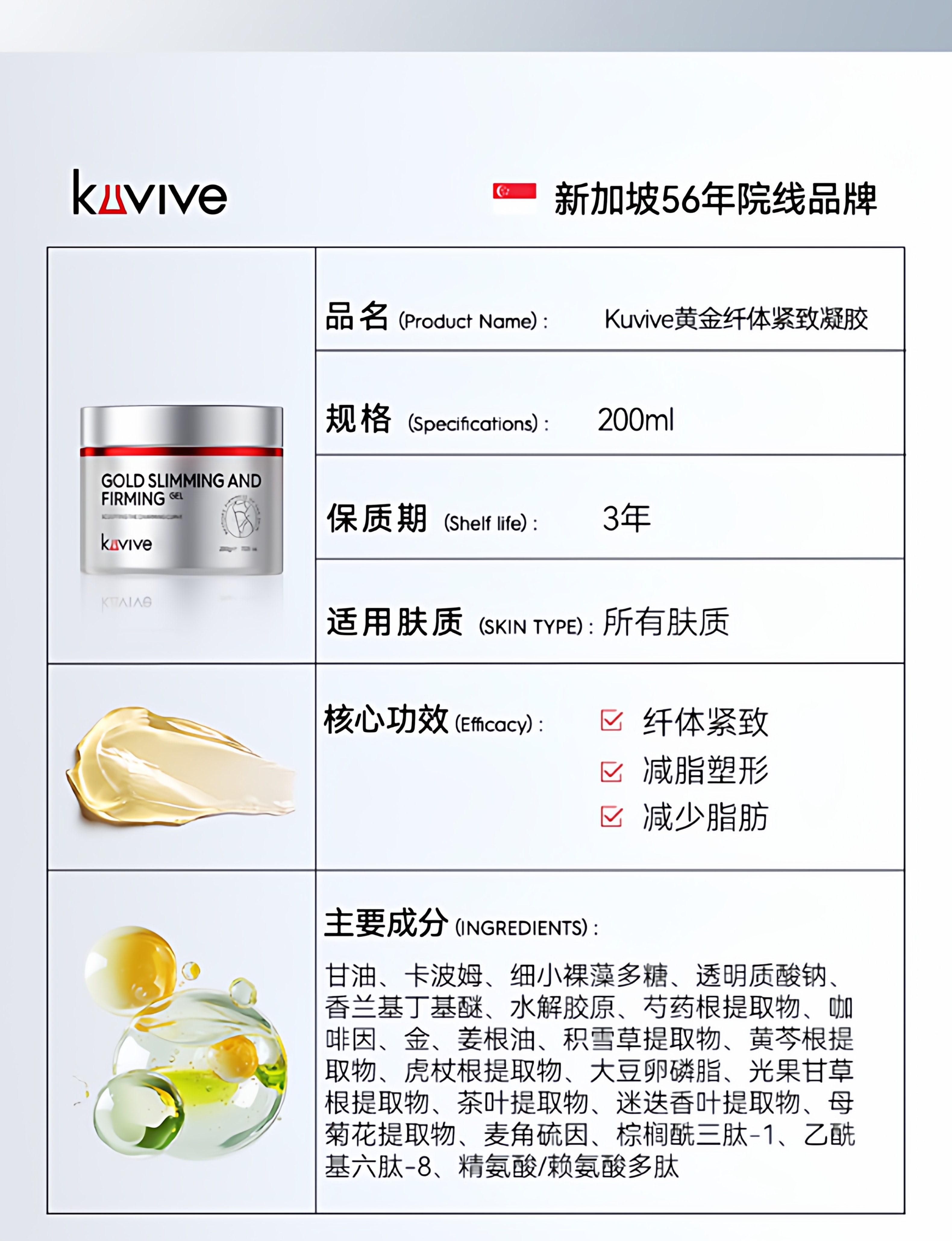 【中国直邮】 新加坡 Kuvive 燃脂膏 产后懒人大肚子松弛收紧致霜 全身手臂腿脱脂塑形纤体膏正品 200g/瓶