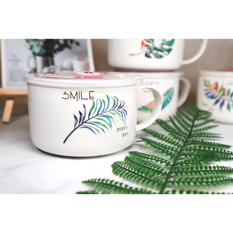 GINKGOHOME Microwavable Ceramic Noodle Bowl with Handle and Seal Fine Porcelain Green Leaf Design - Leaf 4 24oz 6
