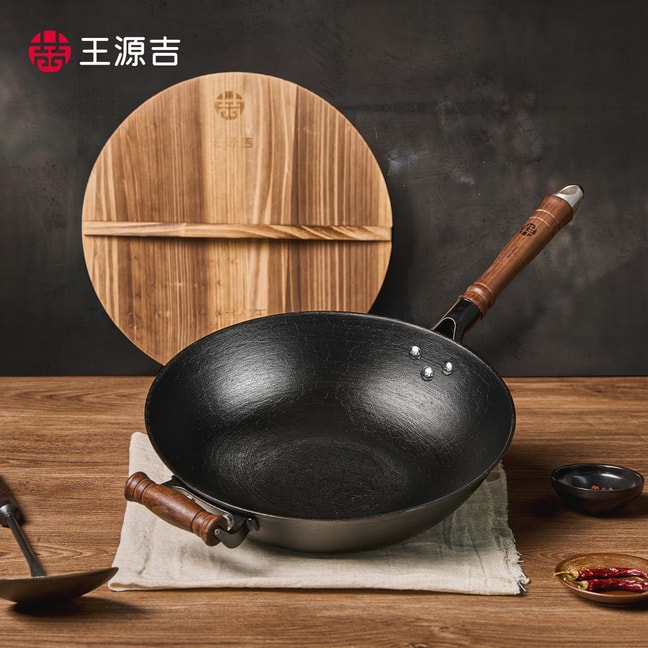 36cm/14.17” Chinese Cast Iron Wok Craft  Wok Flat Bottom with Lid Fry Pan Suitable for  All Stoves