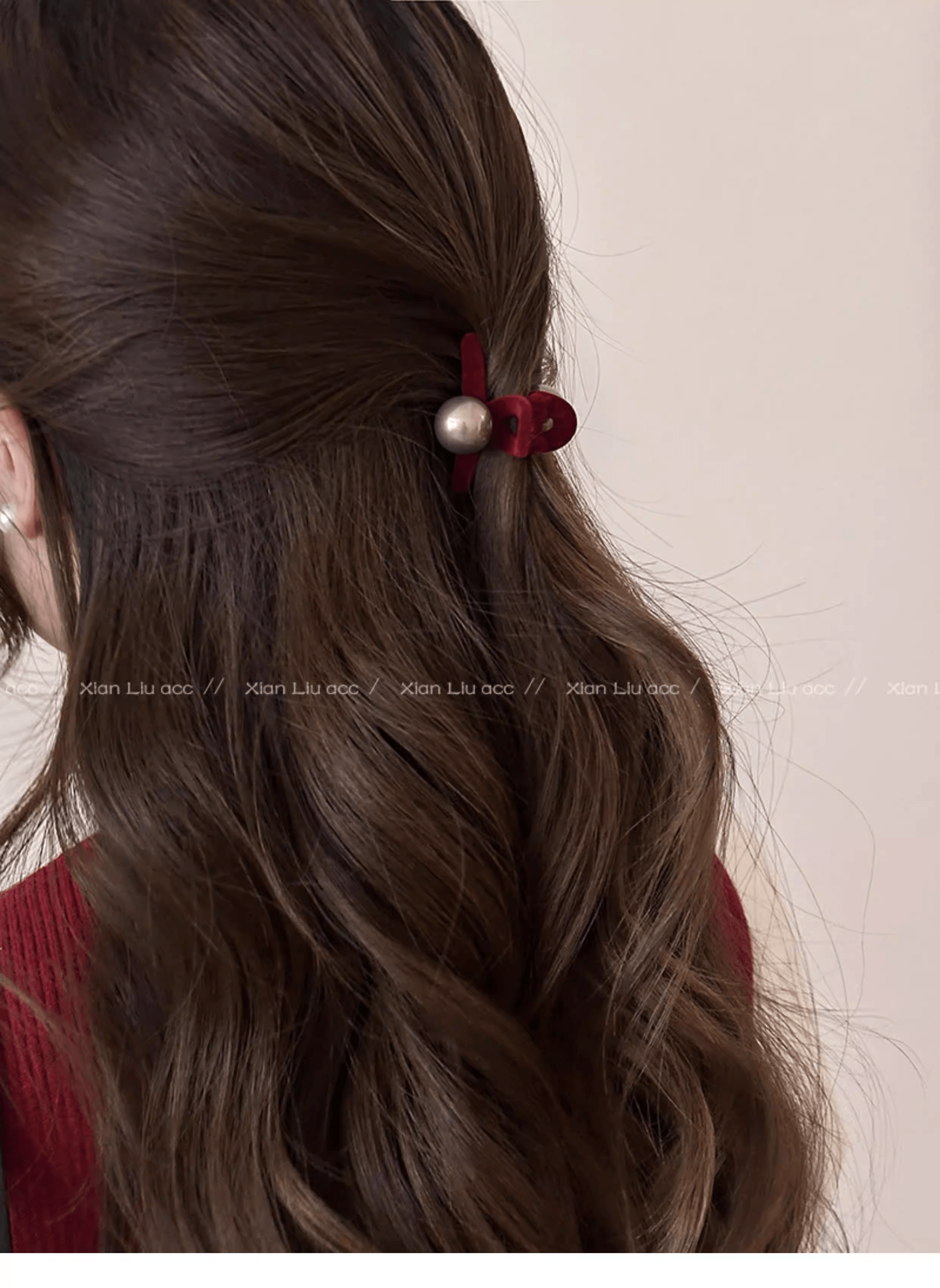 【中国直邮】 米立 红色丝绒珍珠发夹可爱高级感抓夹小号边夹*1