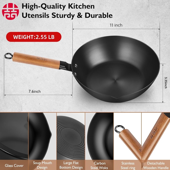 WANGYUANJI 2 IN 1 Carbon Steel Wok with Lid Flat Bottom Woks and Stir Fry Pans No Chemical Coated for All Stoves 28cm