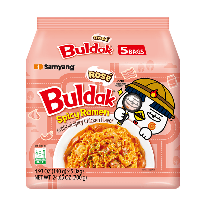 韩国SAMYANG三养 BULDAK 辣鸡肉拌面火鸡面 玫瑰奶油培根味 5连包 700g【奶味香甜融合辣味酱汁】