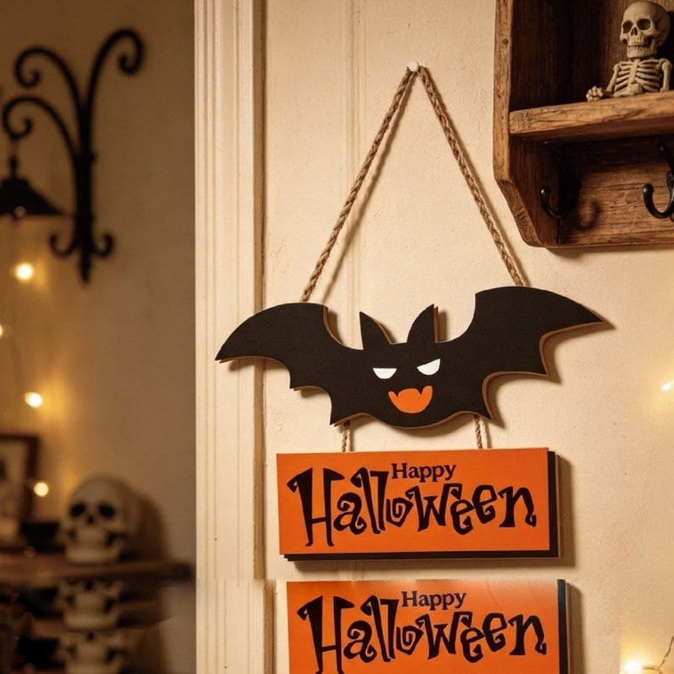 Halloween Bat Door Hanger (1pc) – Eco-friendly Wood Print. Black-orange Ghost & Bat. Hemp Rope Included. Pairs With No-drill Hooks. Great For Dorms & Halloween Parties. 3