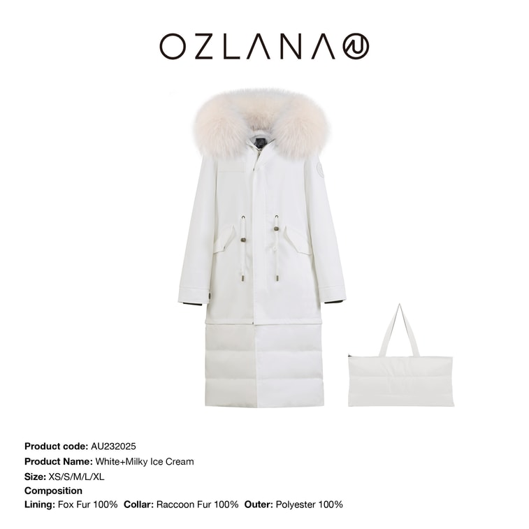 【中國直郵】【預售】OZLANA 冬季經典款皮草派克服皮毛一體皮草大衣+羽絨延長包 白色+奶油冰淇淋 L 發貨需5-15工作日 4
