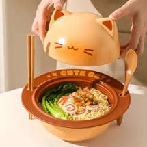 Cat Planet Noodle Bowl Ceramic Tableware Gift Set with Chopsticks and Spoon