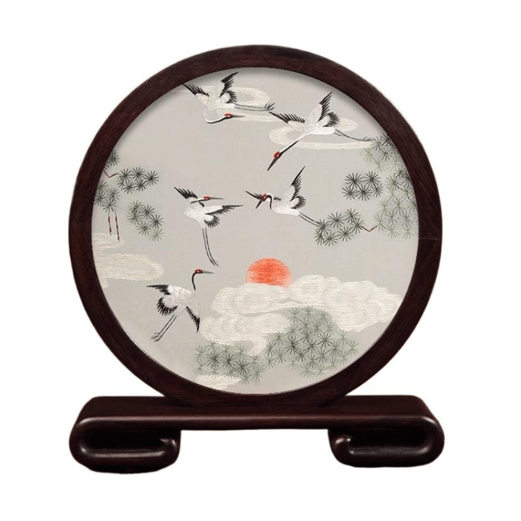 中国直送】蘇州刺繍 手作りシルク刺繍 松と鶴のデザイン 21.5×24×4.5cm