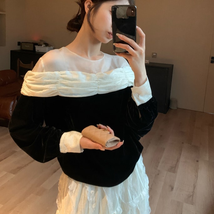 【加拿大直邮】 加拿大 SCENARIO 法式透纱拼接上衣 均码 黑色