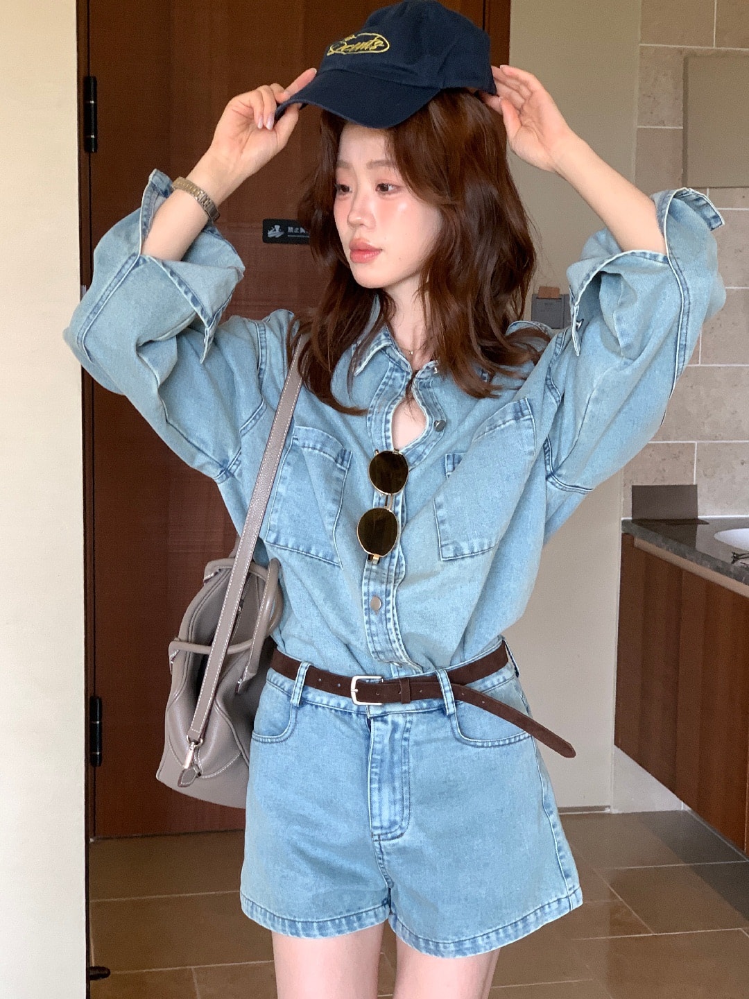 【加拿大直邮】 加拿大 SCENARIO 复古水洗牛仔 衬衫+短裤 2件套装 S-M码 蓝色 蓝色 M