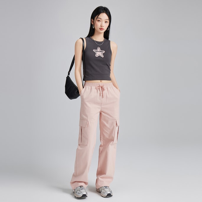 【中国直邮】HSPM 新款高腰宽松直筒工装休闲裤  粉色 S