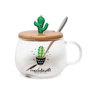 GINKGOHOME Cute Succulent Mug Glass Mug with Spoon and Wood Lid - Succulent 2 8oz