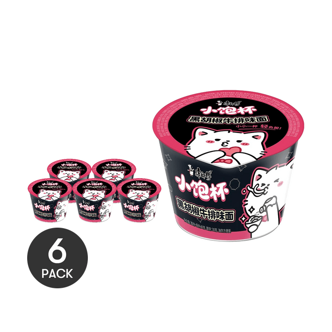 Mini Cup -Black Pepper Beef Steak Flavor Instant Noodles, 1.41 oz *6【6 Pack】