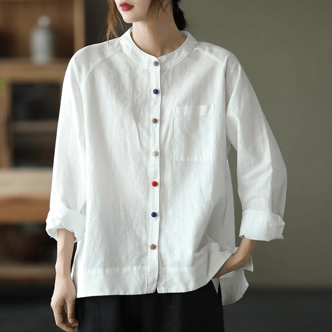 Chinese Style Cotton and Linen Loose Fit Long Sleeves Blouse Shirts White L