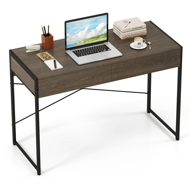 Computer Desk With 2 Drawers 44 Inch Home Office Desk With Metal Frame-Oak 3