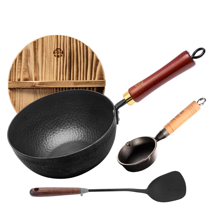22CM Hammered Iron Milk Pot + 13cm Oil Splashing Pan – Compact Cooking Set with Mini Spatula