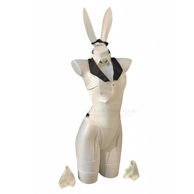 Tainted Bunny Girl Suit Uniform Standing Neck High Bodysuit Push Down Bunny! Lingerie - Moonlight White