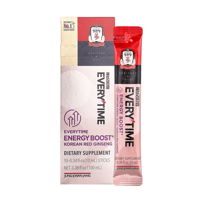 EVERYTIME Energy Boost Korean Red Ginseng Dietay Supplement, 10sticks - 10Kcal/stick