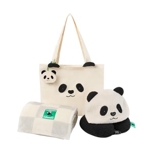 팬더 폼폼 3종 여행 세트, 목베개 + 담요 + 캔버스 토트백, 여행 중 편안한 휴식에 필수품
