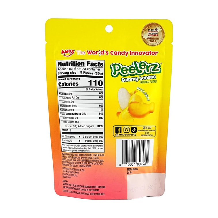 Peelerz Peeling Gummy Candy ,Green Apple+White Peach+Banana+Lemon Flavor, 6 oz*4【4 Combo Pakcs】 12