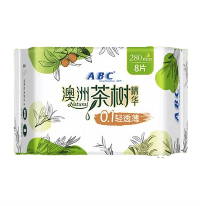 ABC生理用ナプキン、オーストラリア産ティーツリーエッセンス配合、夜用軽量薄型ネット感覚ソフトナプキン（280 mm x 8枚入り）