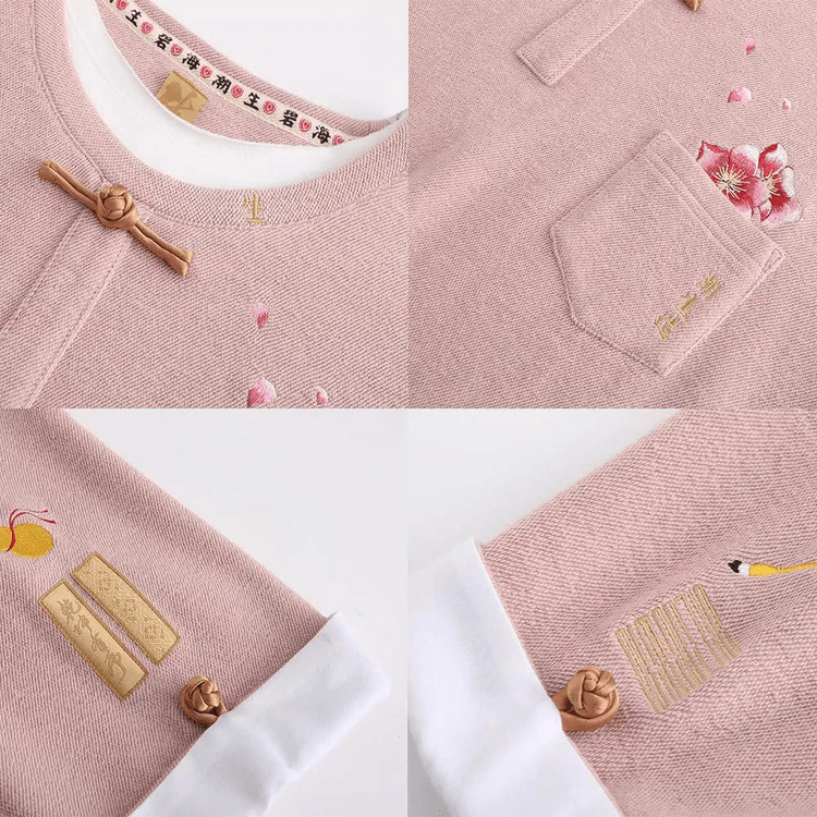 Chinese Peach Blossom Embroidered Print Retro Button Short Sleeve