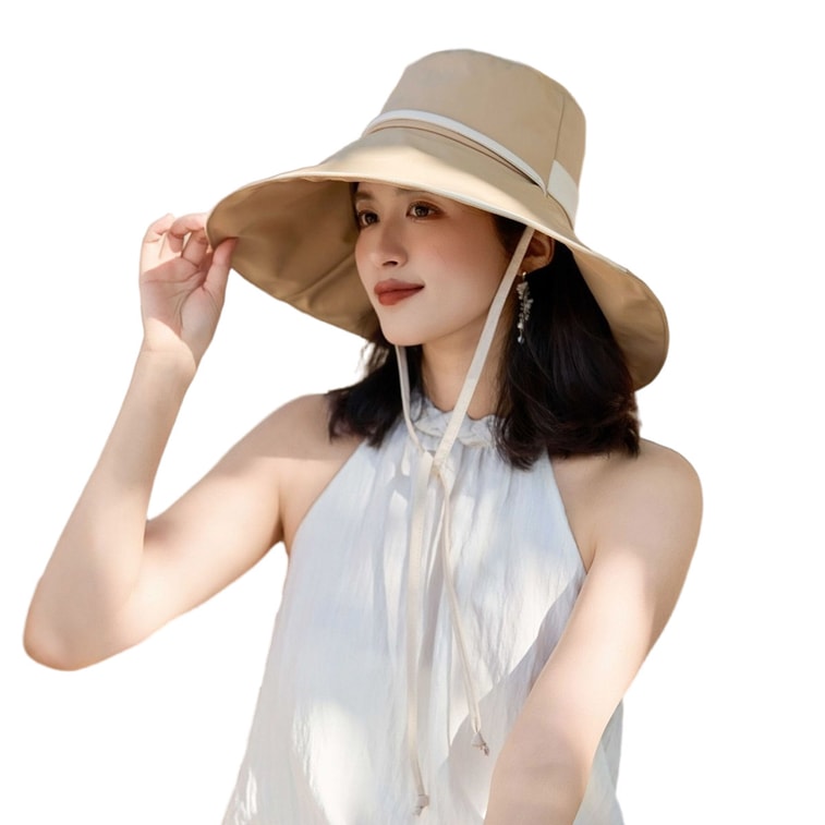 【中国直邮】 HSPM 夏季新款防晒帽 女韩版简约时尚沙滩太阳帽 大沿遮脸防紫外线渔夫帽 卡其色F 1件装 3