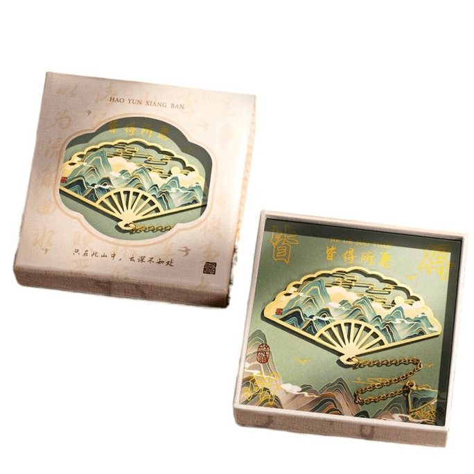 【中国直邮】 雄狮文具 古典中国风书签精致扇形金属黄铜书签 皆得所愿 42*70mm