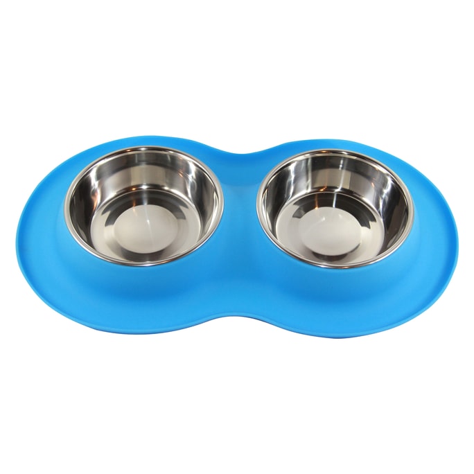Double Dog Bowl Pet Feeding Station Stainless Steel Water and Food Bowls with Non Skid Non Spill Mat Blue