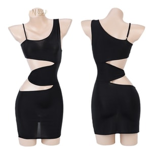 [중국발 다이렉트 메일] 만얀 섹시 란제리 서스펜션 중공 숄더 슬릿 스커트 세트 블랙 프리사이즈