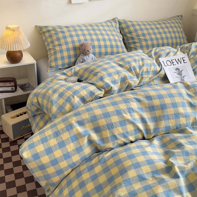 HSPM 新款北美訂製優質全棉床品四件組床上用品活潑淡雅花色(床單*1 被罩*1 枕套*2)黃藍格子 king 270x230cm 四件套