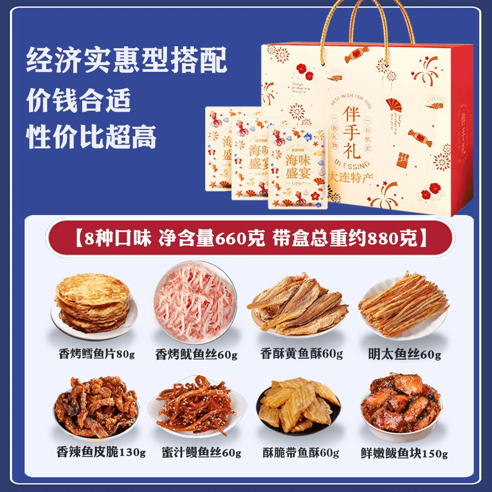 Dalian Specialty Gift Box – Seafood Snacks Souvenir, Shredded Squid, Grilled Fish Fillet, New Year Gift Pack, Ready-to-Eat Dried Seafood, White Version – 8 Flavors, 660g * 1 Box
