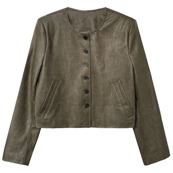 Retro PU Leather Jacket With Single Breasted Jacket Coffee Green M