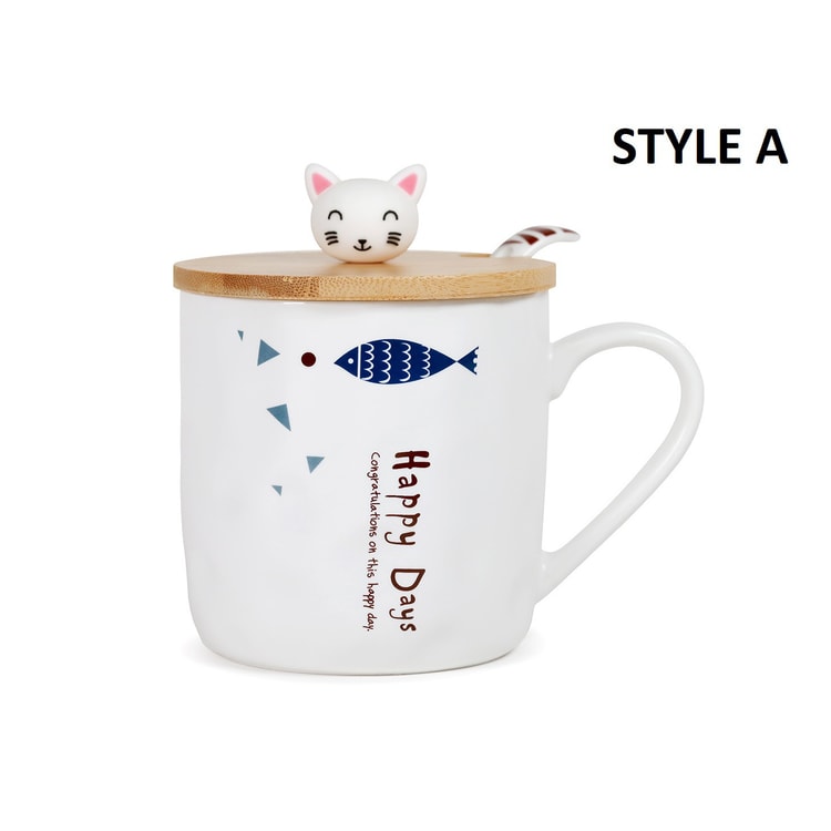 GINKGOHOME Cute Fish Ceramic Mug with Spoon and Wood Lid - Style A