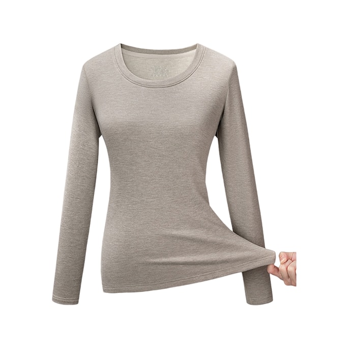 【中國直郵】 HSPM 蠶絲羊毛德絨 秋冬小姐保暖內衣 加絨加厚可外穿 圓領打底衫 淺卡其 M