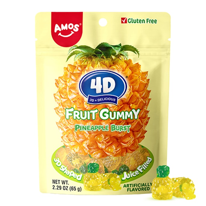 Amos 4D Gummy Fruit Filled Candy Fruit Snacks Juicy Burst Pineapple Flavor Soft and Chewy Gluten Free 2.29Oz Per Bag
