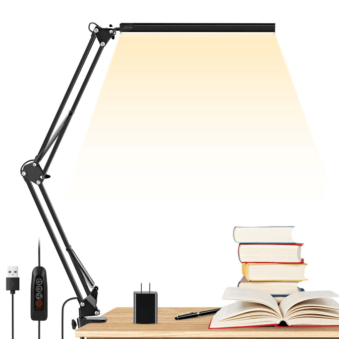 [미국에서 직접 우편 발송] 14W LED 데스크 램프, 클립이 있는 기계식 암 캔틸레버 데스크 램프, 3가지 색온도, 10단계 밝기 조절, 눈 보호 데스크 램프, 미국 창고, 무료 배송