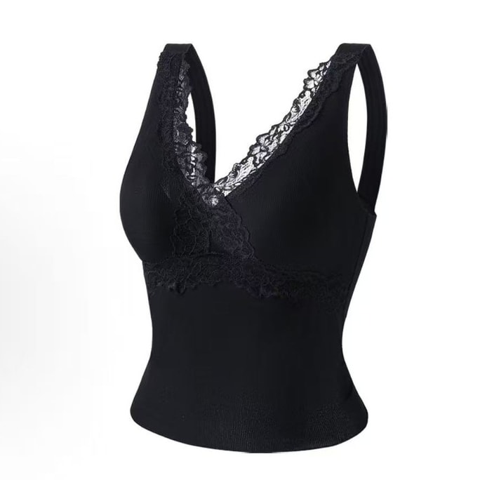 French Lace Trim Bra Top With Chest Pad 1 Piece Black Size 2XL—Skin-Friendly Breathable Seamless No Squeeze No Shifting No Cup Slip