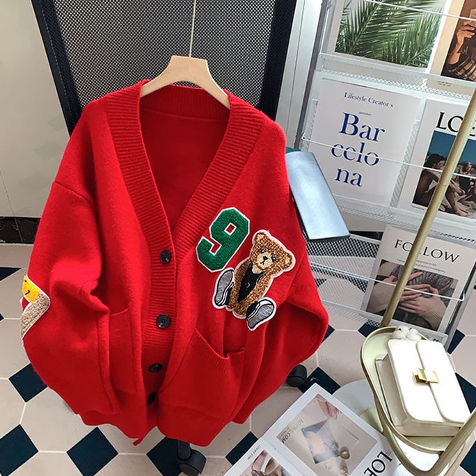 【中国直送】Shedi Bear New Japanese Cartoon Bear カレッジスタイルセータージャケット レッド フリーサイズ