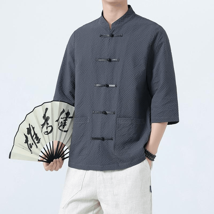 中国直邮】 ASIS 风男士冰丝盘扣七分袖唐装衬衣-深灰色5XL - 亚米