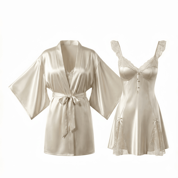 Moonlight Veil French Satin Lace Two-Piece Nightgown Set Luxury sheen spaghetti-strap nightgown Matching soft satin robe 2-piece set