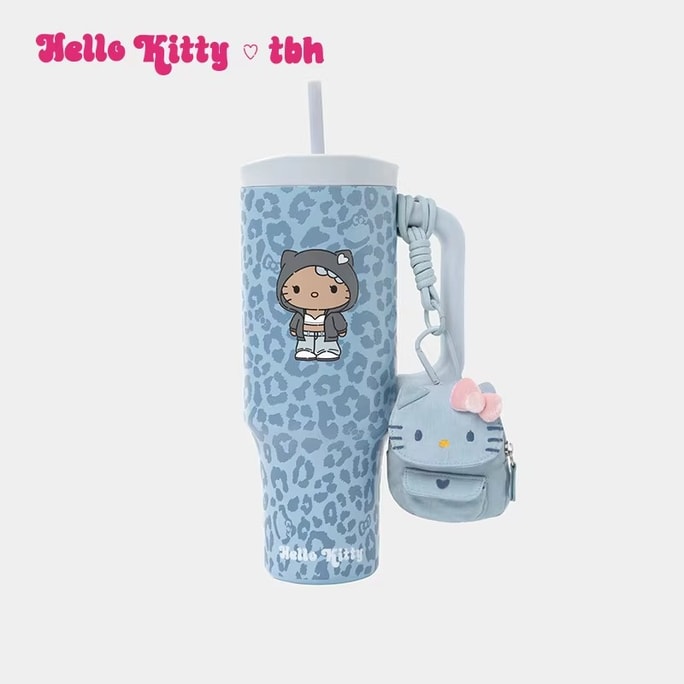 【中国直邮】 THEBEAST野兽派 野兽派 家居三丽鸥Hello Kitty巨无霸保温杯吸管杯不锈钢保冷杯  牛仔豹纹 (含mini收纳包挂件) 一个装