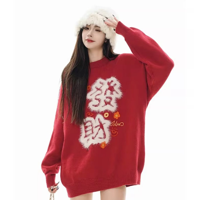 New China-Chic Congratulations And Wealth Atmosphere Knit Shirt Red L