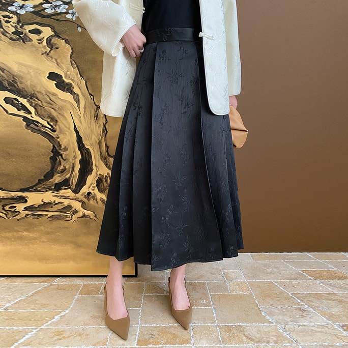 New Chinese Style Dark Pattern Jacquard Chinese Style Pleated Skirt In Black S