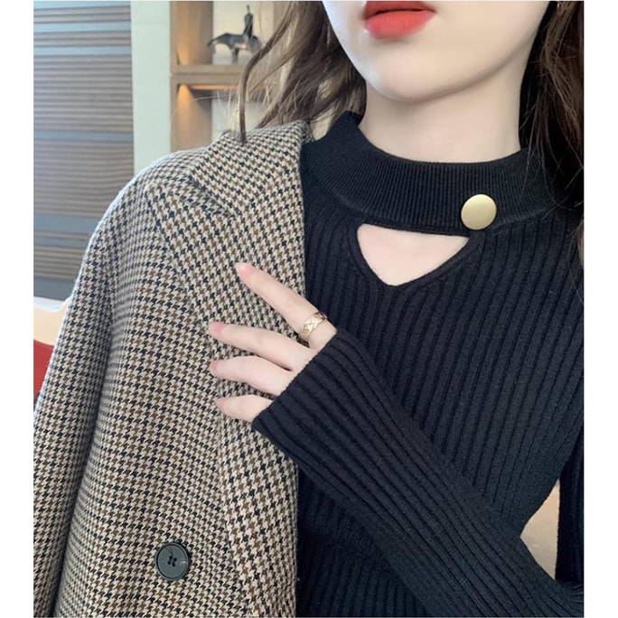 New Sweet Girl Style Hanging Neck Cutout Versatile Bottom Shirt Black F